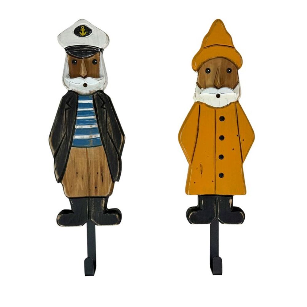 Set of 2 Nautical Sailor Captain Fisherman Wall Hooks, Wood & Metal 14.75 In